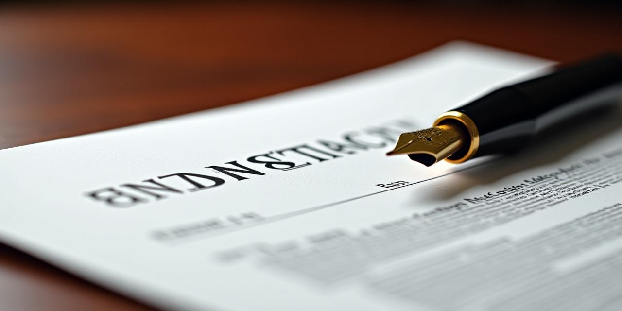 Close-up of a professional legal contract with a fountain pen on a mahogany desk