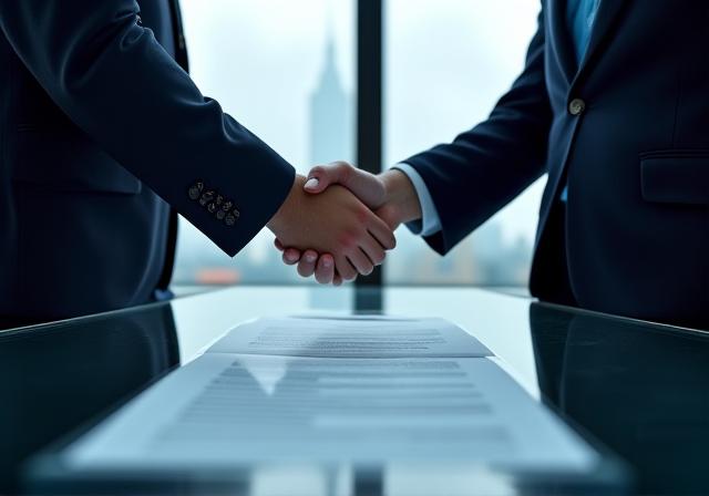 Two professionals signing a non-disclosure agreement in a corporate glass boardroom