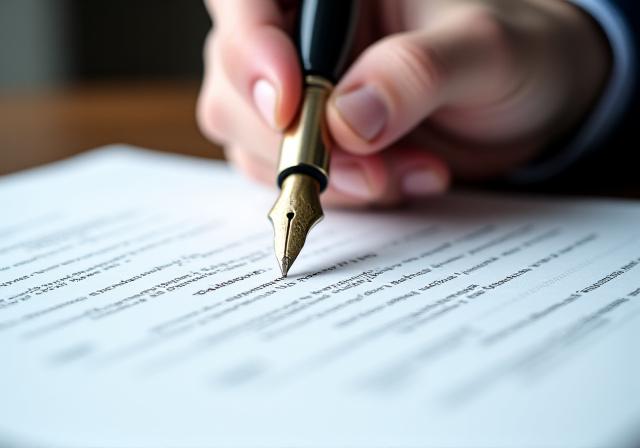 Close up of a legal professional reviewing a document with a fountain pen