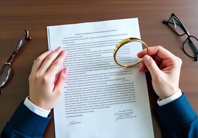 Legal professional meticulously reviewing a contract on a high-end wooden desk