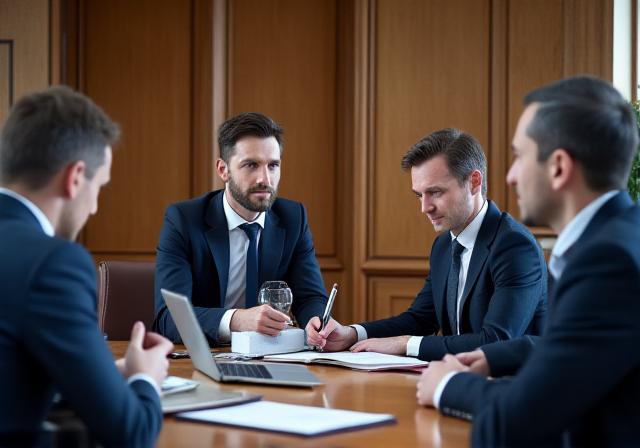 Legal team collaborating on negotiation documents in a London board room